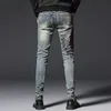 Jeans pour hommes Mens en détresse mendiant jeans sale déchiré denim pantalon broderie trou minceur long homme 220927