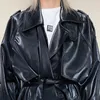 Trench da donna in pelle finta Lautaro autunno lungo oversize riflettente lucido lucido impermeabile per donna Cintura allentata moda coreana 220928