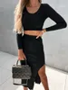 2022 herbst Frauen Kleid Anzug Einfarbig Gewinde Langarm Mode Sexy Split Langen Rock 2 Stück Set