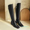 Boots White Square Toe Flat Knee-high Pleated Zip Long Tube Women Shoes Riding Equestrian Cow Leather Fall Winter