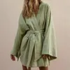 Kvinnors badkläder snörning kvinnors v-ringning kimono cardigan miniklänning bomullslinne långärmad rashes klädskå robe stil sommar lös
