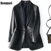 Couro feminino Faux Nerazzurri Spring Autumn Black Blazer Botão única Botão Slim Fit Designer Jaquetas e casacos femininos 5xl 6xl 7xl 220928