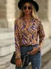 Kadın Tişörtleri Dgirl Sonbahar Kış Top T-Shirt 2022 Banliyö Kadınlar Uzun Kollu Baskılı V-Gell Saten Gömlek