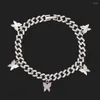 Fußkettchen rosa Strassfaller Schmetterling Kubanische Verbindungskette für Frauen silve Farbe Metall -Knöchelarmband Mode Punk