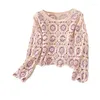 Women's T Shirts Vintage Knit Tops For Women Hollow Out Crochet Blouses Long Sleeves Crop Top Ins