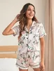 Kadın Çiçek Baskı Kontrast Bağlayıcı Satin Pijamaları Kısa Kollu Set