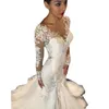 Plus Size Mermaid Wedding Dress Lace V Neck Arabic Aso Ebi Long Sleeves Sexy Bridal Dresses Romantic Appliques Ruffles Gowns 403