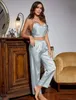 Kadınların İpek Saten Pijama Düğmesi Aşağı İki Parça Sökme Seti/Kolsuz Top ve Pantolon Pijama Seti