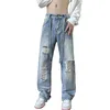 Mens Jeans Ripped Holes Men Ribbon Baggy Fashion Denim Wide Leg Trousers Casual Retro Blue Hip Korean Pants 220928