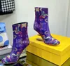 2022 New Short Boots High Heels Ankle Boots Designer Shoes Sculpted F High-Heeled Metallic Zipper Square Toe Womens Silk Oil Painting Color Printing Boot