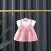 Vestidos de menina babzapleume Summer Toddler Roupfits Baby for Girls Cute Bow Plaid Manga Short Cotton Princess Dress Rous