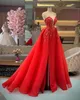 Stylish Red Mermaid Prom Dresses Strapless Bead Spets med overskirts Party Dresses Applique Side Split Women Formal Custom Made aftonkl￤nning
