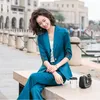 Women's Two Piece Pants Plus Size 5XL Blue Suit Women 2022 Top High Quality Satin Half Sleeve Blazer Trousers Office Ladies Business Work