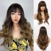 Perruques synthétiques à ondes longues Honey Brown Ombre Bangs Daily Women Hair Résistant à la chaleur