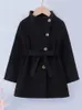 Coat Girls Jackets Spring Fall Winter Clothing Single breasted Kids Plus Velvet Thick Woolen Pure Black Belted Overcoat 220927