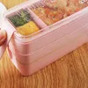 Lunchbox 3 Gitter Weizenstroh Bento Transparenter Deckel Lebensmittelbehälter für Arbeitsreisen Tragbare Studenten-Lunchboxen Behälter RRE14563