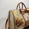 Dames reiskussen tas 45 cm vrouw bloem boston handtassen crossbody schoudertassen grote capaciteit draagtassen canvas lederen bedrukking verwijderbare riem etui