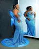 2022 Arapça Aso Ebi Mavi Deniz Kızı Balo Elbiseleri Sequined Dantel Seksi Akşam Partisi İkinci Resepsiyon Doğum Günü Nişan Elbisesi Elbise ZJ16