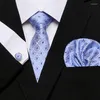 Pajaritas para hombre 7,5 cm seda clásica moda Retro Floral sólido azul cuello bolsillo cuadrado gemelos conjunto para boda