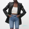 Kvinnors l￤der 2022 H￶st- och vinter Imitation Slim Back Split Black Blazer Pu Jacket Button Mid-Length Women