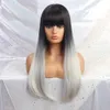 Длинный синтетический Wig Bang Ombre Black White Натуральные теплостойкие женщины фальшивые волосы парик