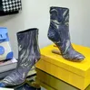 2022 Nya korta stövlar höga klackar ankelstövlar designer skor skulpterade f högklackade metalliska dragkedja fyrkantiga tå kvinnor silkoljemålning färgtryck stövel