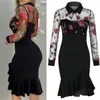 Vestidos de trabalho Moda feminina feminina floral bordada malha de lantejoulas transparente vestido com babados sexy elegantes mangas compridas festas apertadas vestidos