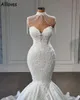 Splendidi abiti da sposa a sirena in pizzo con collo alto che borda l'involucro Bolero Abiti da sposa vintage di lusso eleganti in raso Plus Size arabo Aso Ebi Abiti da sposa CL1195