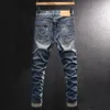 Mens jeans Italiaanse stijl mode retro blauw elastisch slanke fit vernietigde gescheurde vintage ontwerper casual denim broek homme 220928