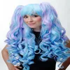 3-Teilig Wig Braids Removable Cosplay Long Curly Blue Purple Mix Wig