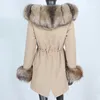 Parka larga impermeable de piel sintética para mujer, chaqueta de invierno, abrigo Real para mujer, capucha de cuello Natural, ropa informal cálida desmontable 220928