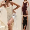 Vestidos casuales Sexy Satin V Neck Maxi Dress Mujer Spaghetti Strap Sin mangas Backless Side Split Long 2022 Spring Lady