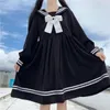 Kläder sätter japansk preppy stil vår höstkvinnor midi klänning vänd ner krage båge marinblå veckad söt kawaii flickas jk uniform