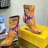 2022 New Short Boots High Heels Ankle Boots Designer Shoes Sculpted F High-Heeled Metallic Zipper Square Toe Womens Silk Oil Painting Color Printing Boot