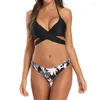 Kvinnors badkläder Kvinnor Sexig 2st Bikini Set Halter Bandage Cross Wrap Back Tie Push Up Swimsuit Low Rise Leopard Leaf Print Baddräkt