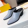 Pointed Toe Chunky Heel Half Slippers Shiny Leather High Heels Solid Color Sandals Size 35-40