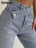 Женские джинсы Rapwriter Стильный синий ремень с высокой талией для мамы Женские повседневные широкие джинсовые брюки в полный рост Harajuku Прямые брюки Уличная одежда 220928