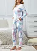 Women pajamas Tie Dye Loungewear Long Sleeve Hooded Top Sweatshirt with Pocket Drawstring Sweatpants Nightwear Pjs Sets