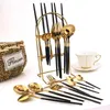 Set di posate Terprun 24 pezzi Set di stoviglie in oro nero Coltelli da dessert Forchette Cucchiaio Posate Stoviglie in acciaio inossidabile Bambini con rastrelliera