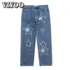 Mens Jeans Vintage Womens Korean Denim Pants Y2k Cltoes Streetwear Printed Patchwork Mane Baggy Straight Trousers for Men 220928