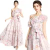 Casual Dresses One Shoulder Ruffle Pleated Belted Floral Party Long Maxi Dress Women Summer Boho Beach Sleeveless Korean Ladies Pink Gown