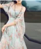 Women Romantic Floral Print Chiffon Dress With Cape Elegant Female gowns long Beach style Maxi Casual Dresses