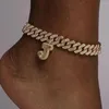 Anklets 2022 A-Z eerste letter Cuban Link Rhinestone voet been ketens sieraden voor vrouwen Summer Beach Sandals enkelarmbanden