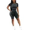 Gym Clothing 3 Colors Women Summer Sport Suit Set Female Line Pattern Print Round Neck Short Sleeve Tops Pants Casual Outfits