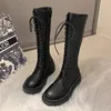 Stiefel Frauen 2022 frauen Verdicken Winter Ritter Knie Hohe Lange Platz Ferse Retro Schwarz Motorrad Botas Mujer