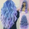 Synthetic Long Wavy Wigs Ombre Blue Purple Bangs Women Hair Heat Resistant Fiber wig