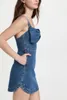 Vestidos casuais Mulheres A-line Simples Denim Slip Dress Slip Waist Back Zipper Zipper mangas Bowknot Summer 2022 Mini de cor sólida feminina