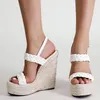 Sandaler Big Size Weave High Heels Women 2022 Ladies Pumps Wedges 16 cm Outside Round Toe Gladiator Female Platform Shoes