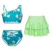 Maillots de bain pour femmes enfants filles bikini maillot de bain ensemble avec volants couvrir jupe maillot de bain bretelles asymétriques imprimer trois pièces