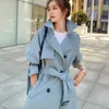 Trench-Coats 2021 Mode Femmes Trench-Coat Beige Bleu Long À Double Boutonnage Avec Ceinture Printemps Automne Dame Manteau Femme Coréen Lâche Survêtement Y2209